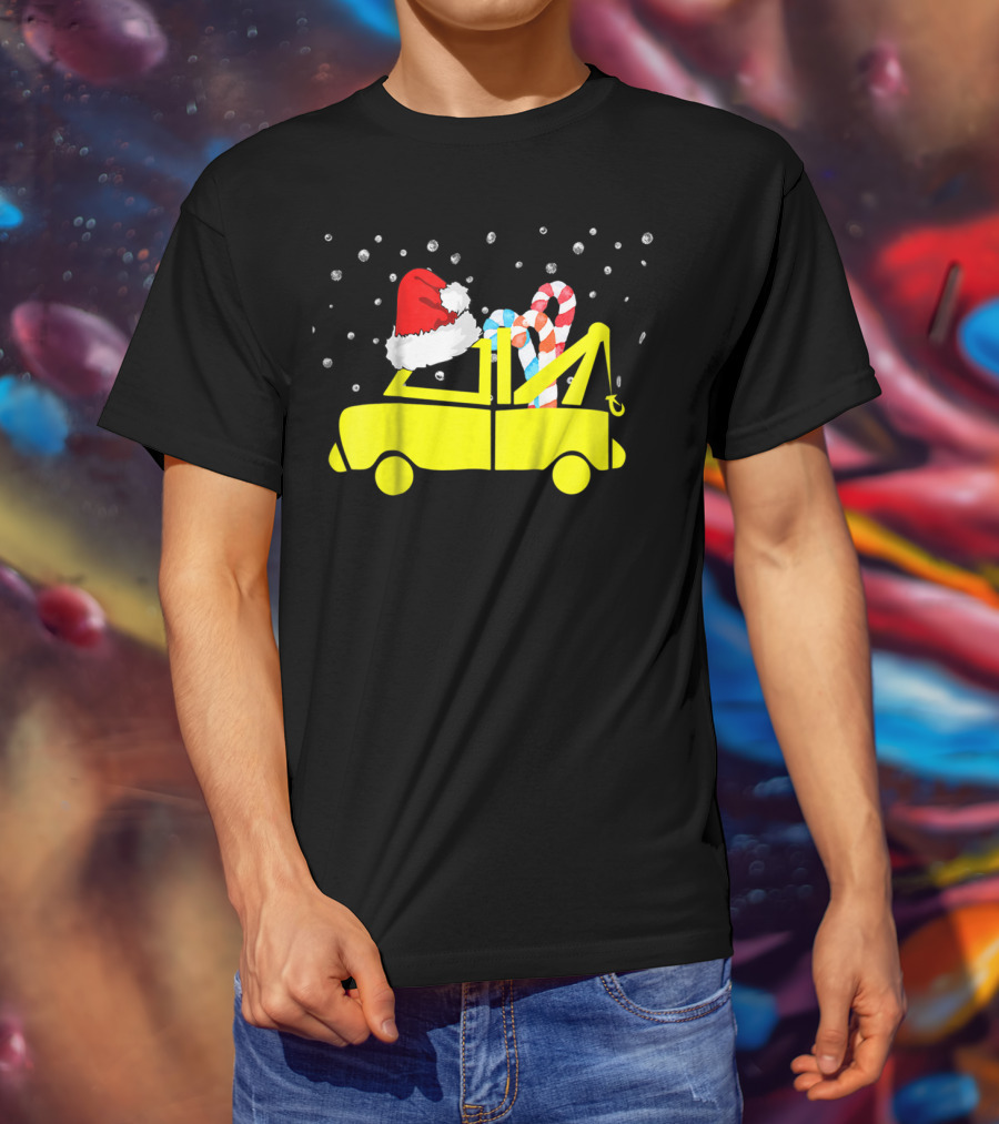 Kids Tow Truck Boys Christmas Santa Hat Candy Cane Snow T-Shirt