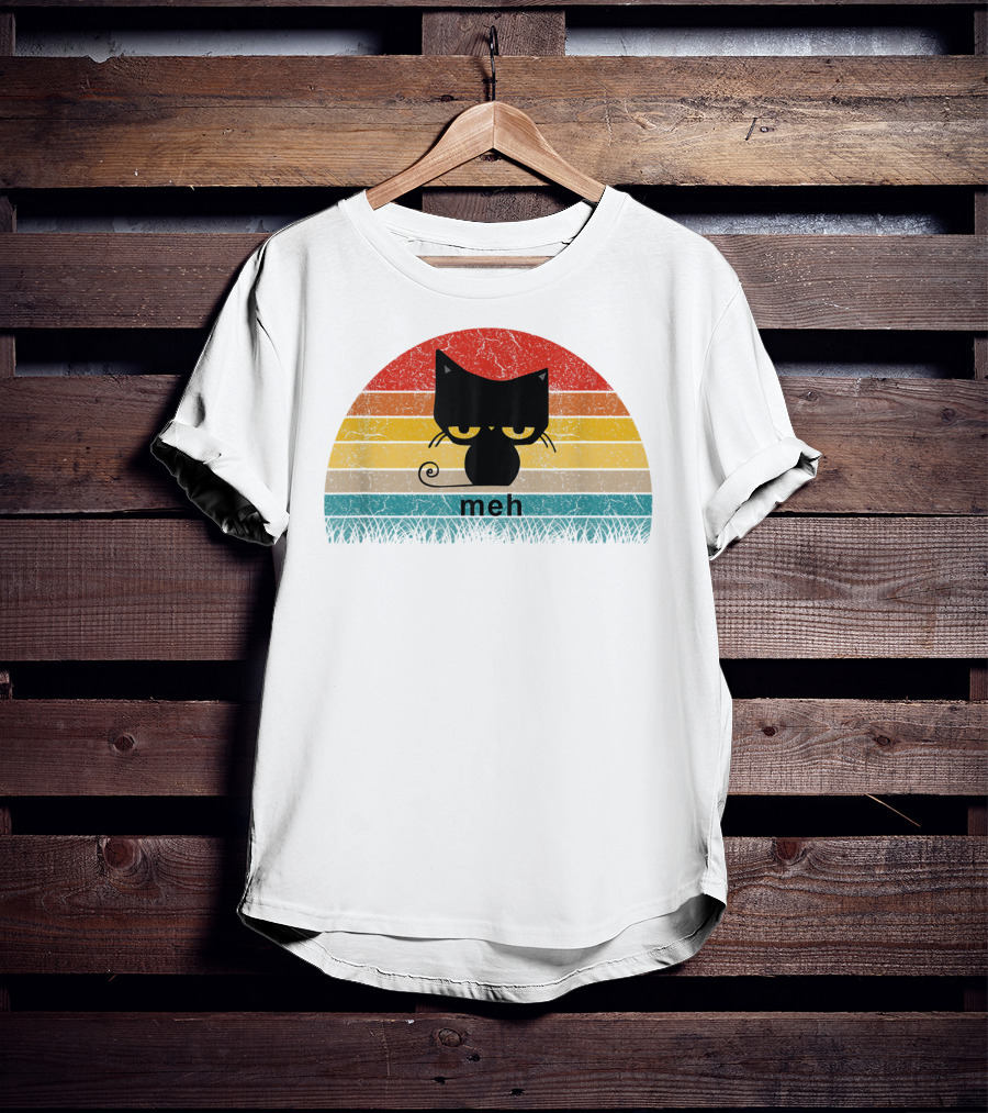 Meh Black Cat Retro Sunset Funny Cat Lovers T-Shirt