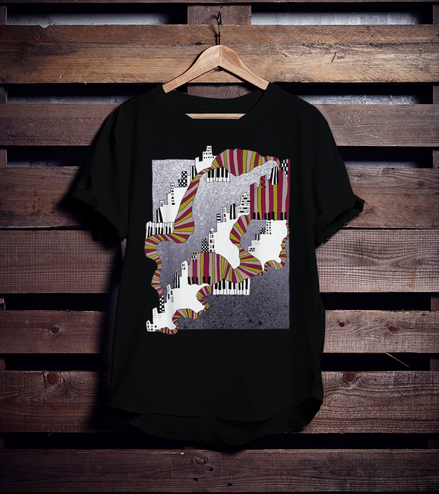 Mellow My Man Cityscape With 90s Hip Hop Piano Keys And Vibrant Stripes T-Shirt