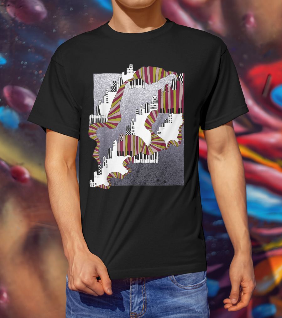 Mellow My Man Cityscape With 90s Hip Hop Piano Keys And Vibrant Stripes T-Shirt