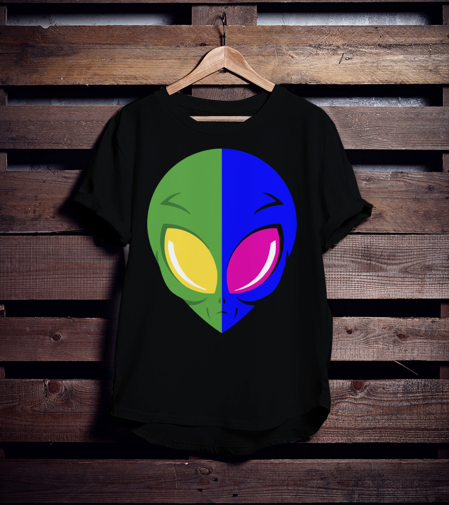 Mens Glow In The Dark Alien Head Dual Colors Green Blue Yellow Pink T-Shirt