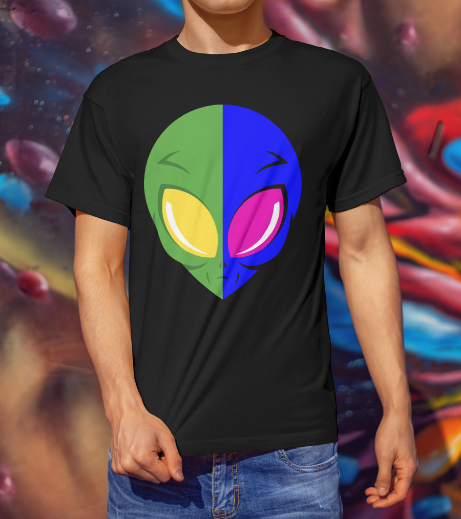 Mens Glow In The Dark Alien Head Dual Colors Green Blue Yellow Pink T-Shirt