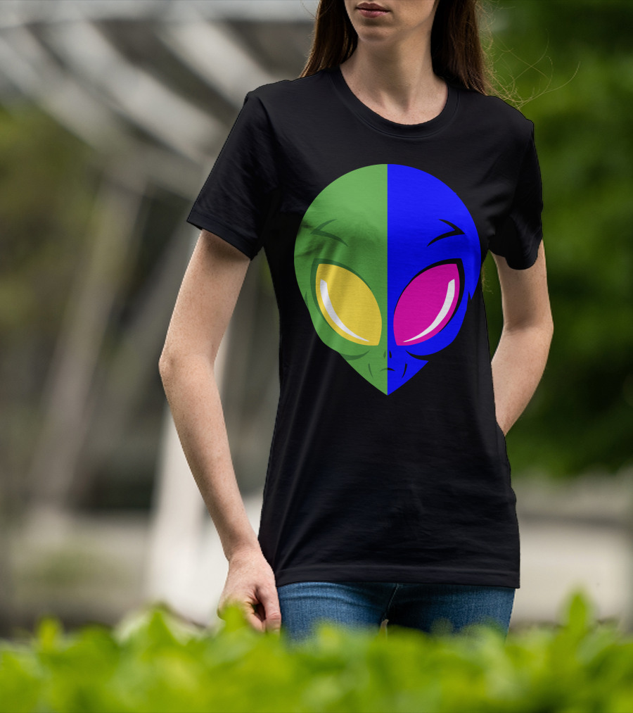 Mens Glow In The Dark Alien Head Dual Colors Green Blue Yellow Pink T-Shirt