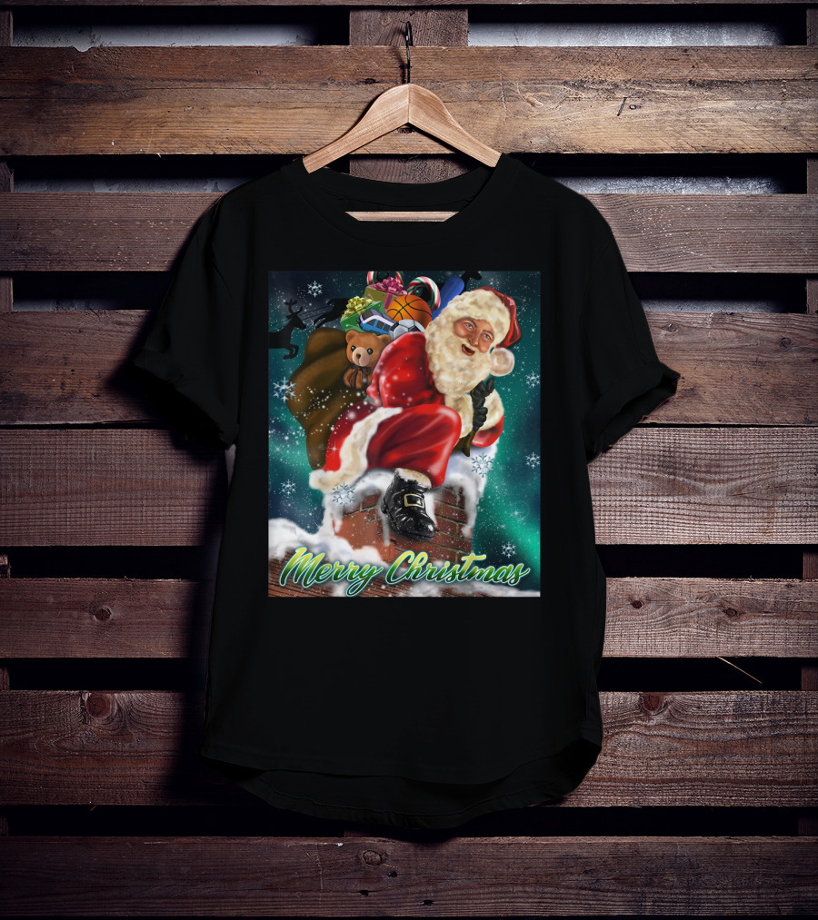 Merry Christmas Santa Claus On Chimney With Toy Sack Holiday Scene T-Shirt
