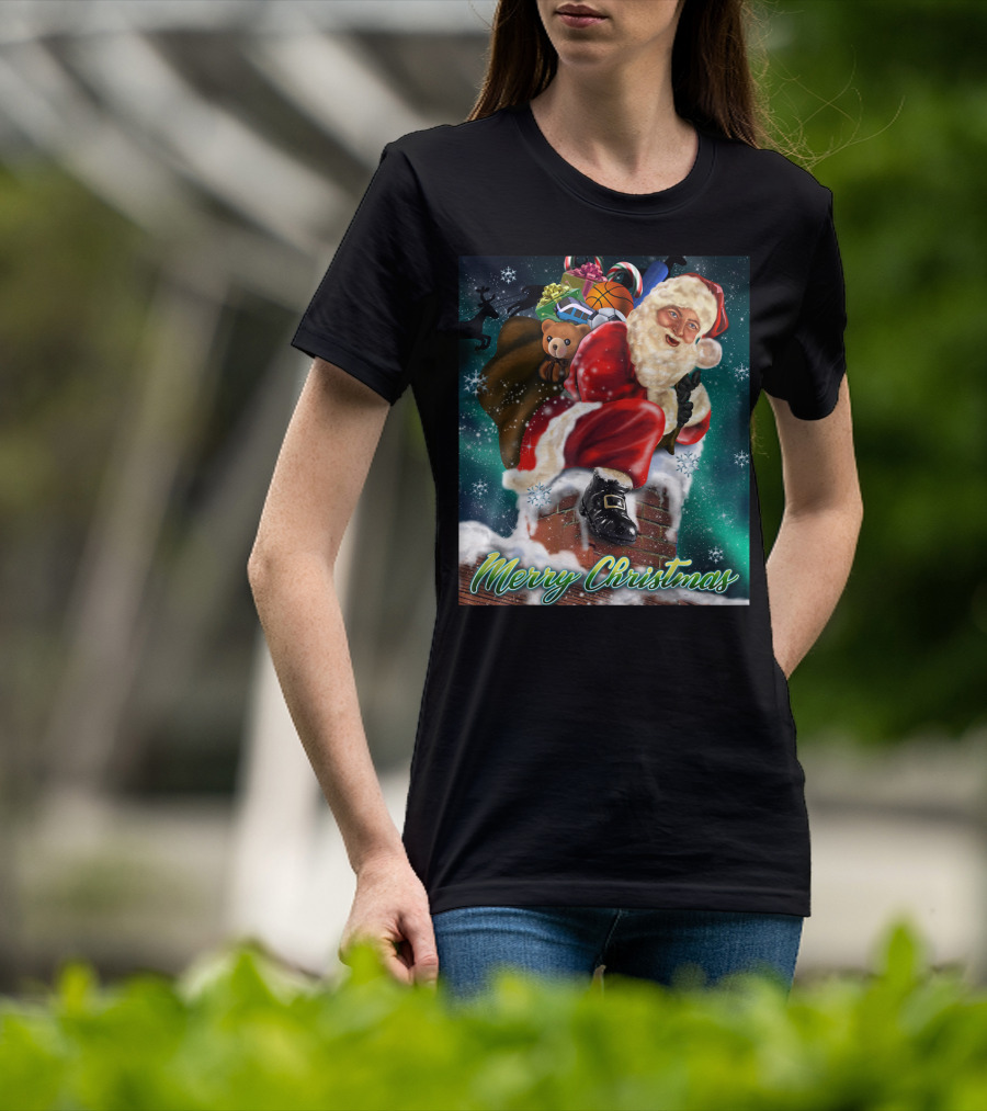 Merry Christmas Santa Claus On Chimney With Toy Sack Holiday Scene T-Shirt