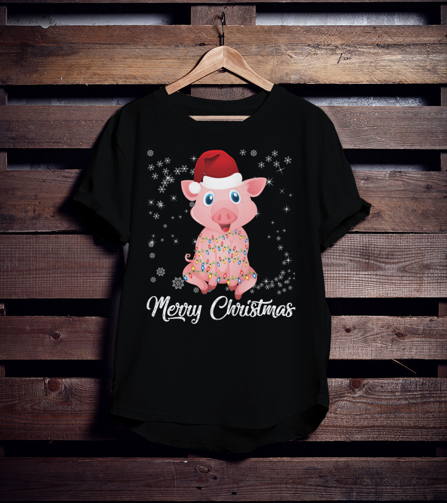 Merry Christmas Pig Santa Hat Wrapped In Holiday Lights T-Shirt