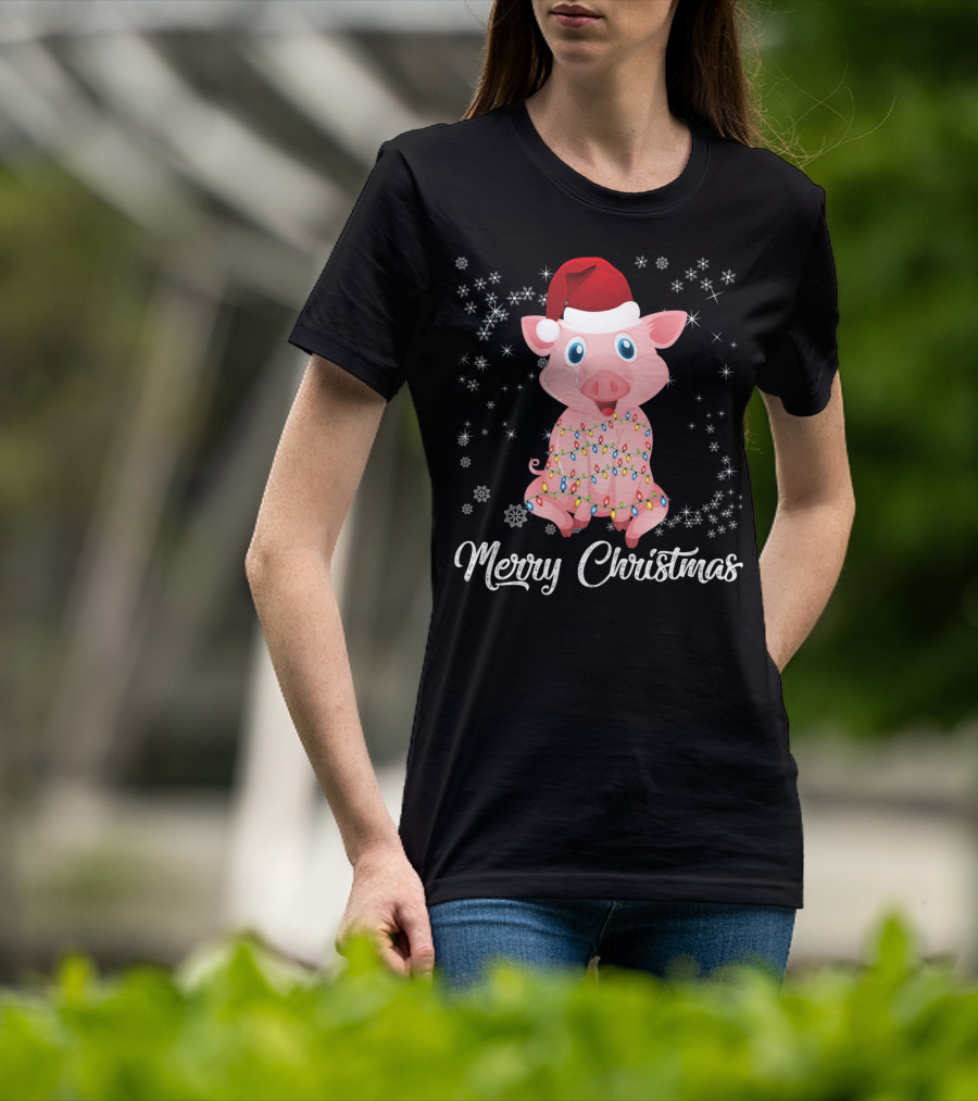Merry Christmas Pig Santa Hat Wrapped In Holiday Lights T-Shirt