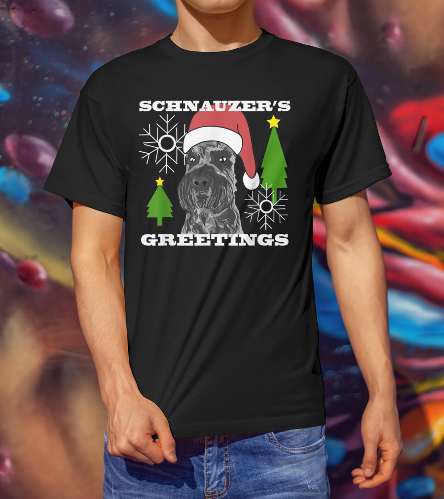 Schnauzer's Greetings Santa Hat Christmas Trees Snowflakes T-Shirt