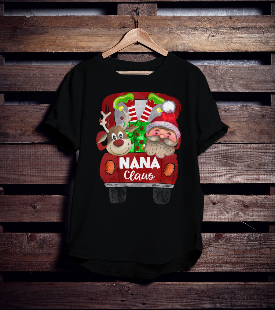 Nana Claus Red Car Christmas Reindeer And Santa T-Shirt