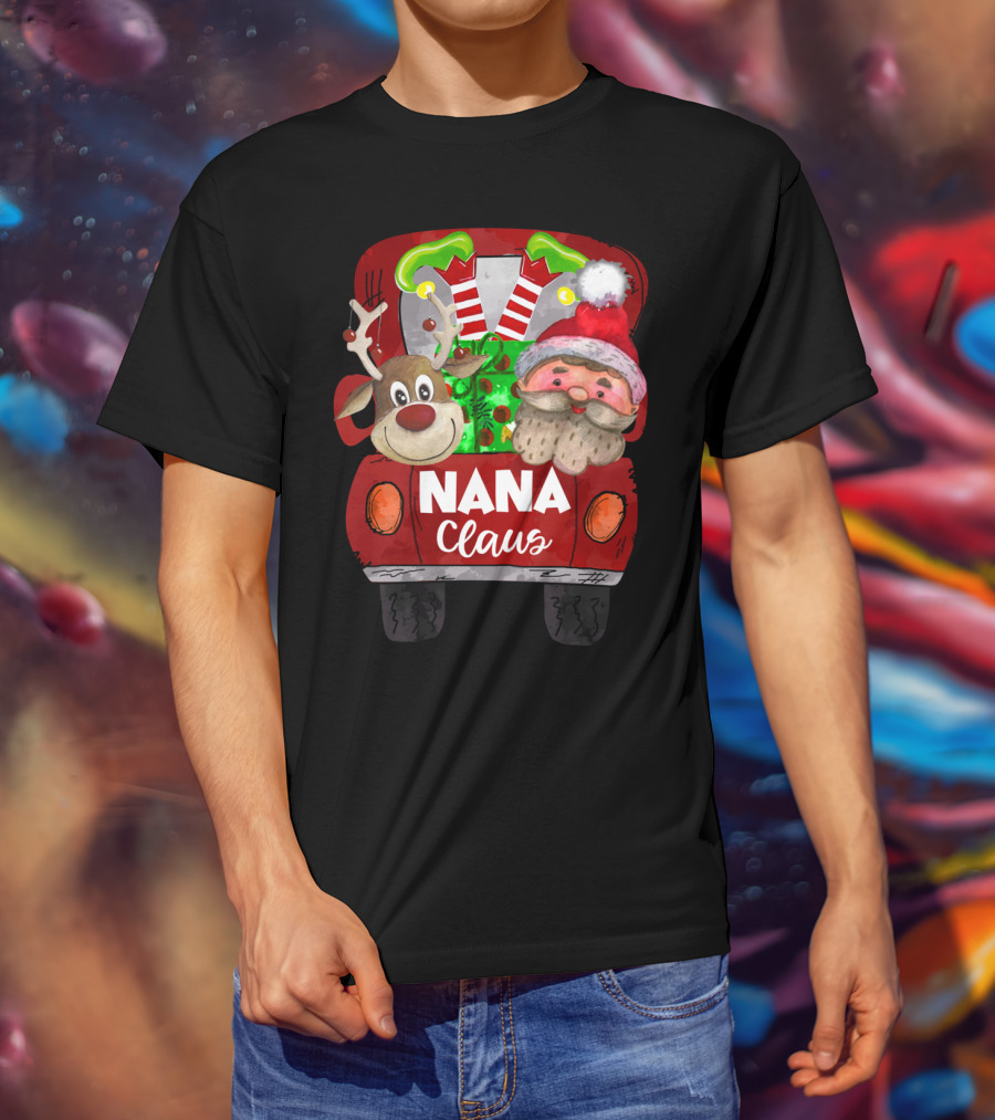 Nana Claus Red Car Christmas Reindeer And Santa T-Shirt