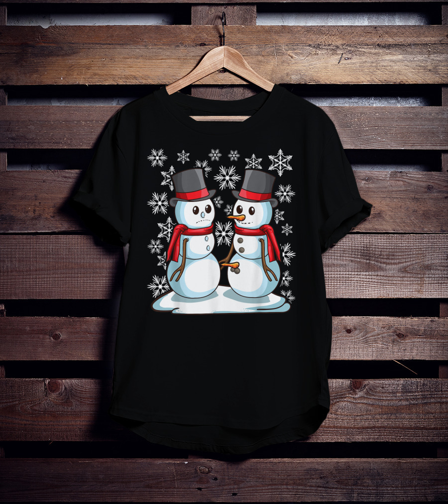 Naughty Christmas Snowmen With Carrot And Top Hats Amidst Snowflakes T-Shirt
