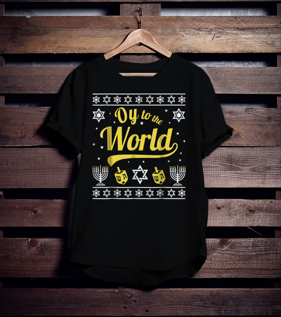 Oy To The World Hanukkah Menorah Star Dreidel T-Shirt