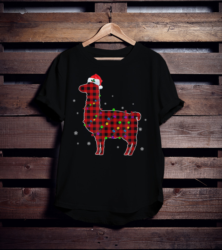 Red Plaid Buffalo Llama Christmas Lights Santa Hat T-Shirt