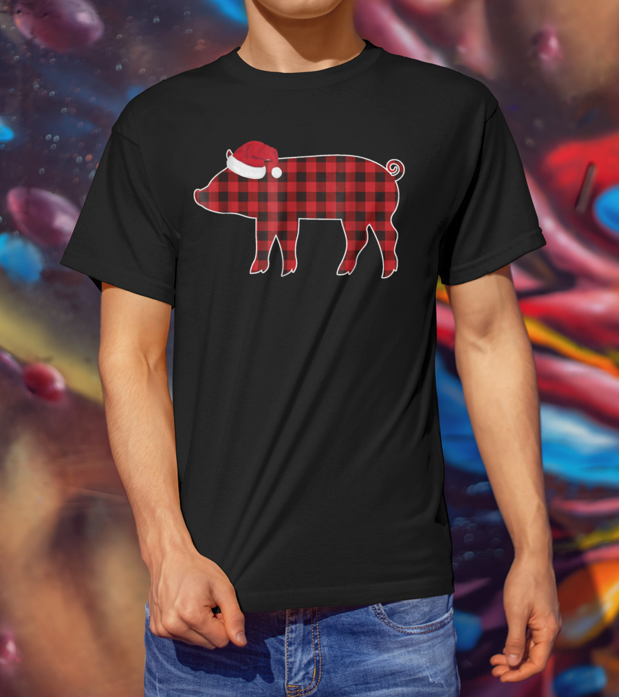 Buffalo Plaid Pig With Santa Hat Christmas T-Shirt