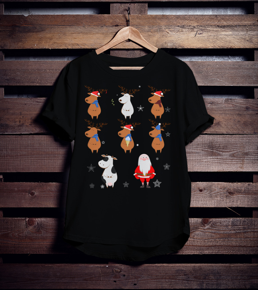 Santa Claus Reindeers With Cow And Snowflakes T-Shirt