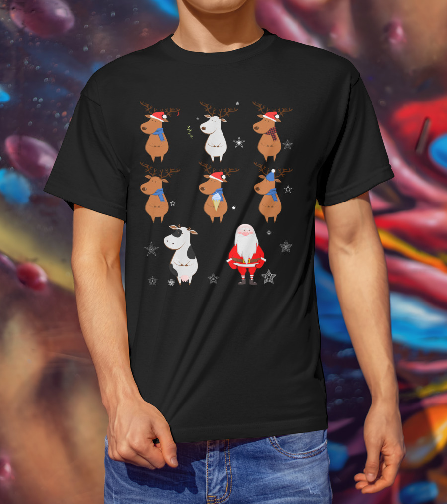 Santa Claus Reindeers With Cow And Snowflakes T-Shirt