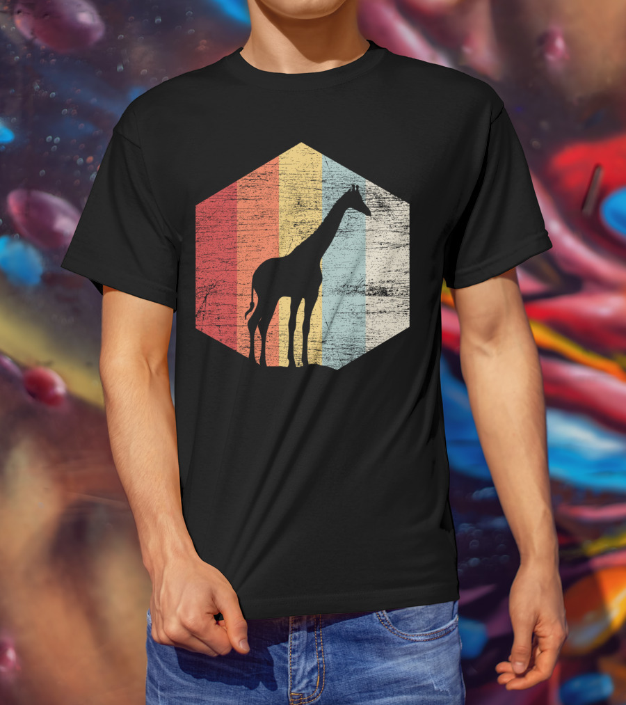 Retro Giraffe Silhouette With Vintage Stripes T-Shirt