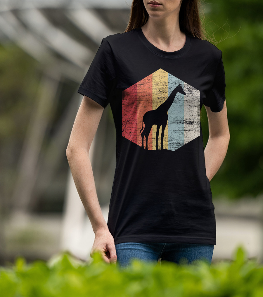 Retro Giraffe Silhouette With Vintage Stripes T-Shirt