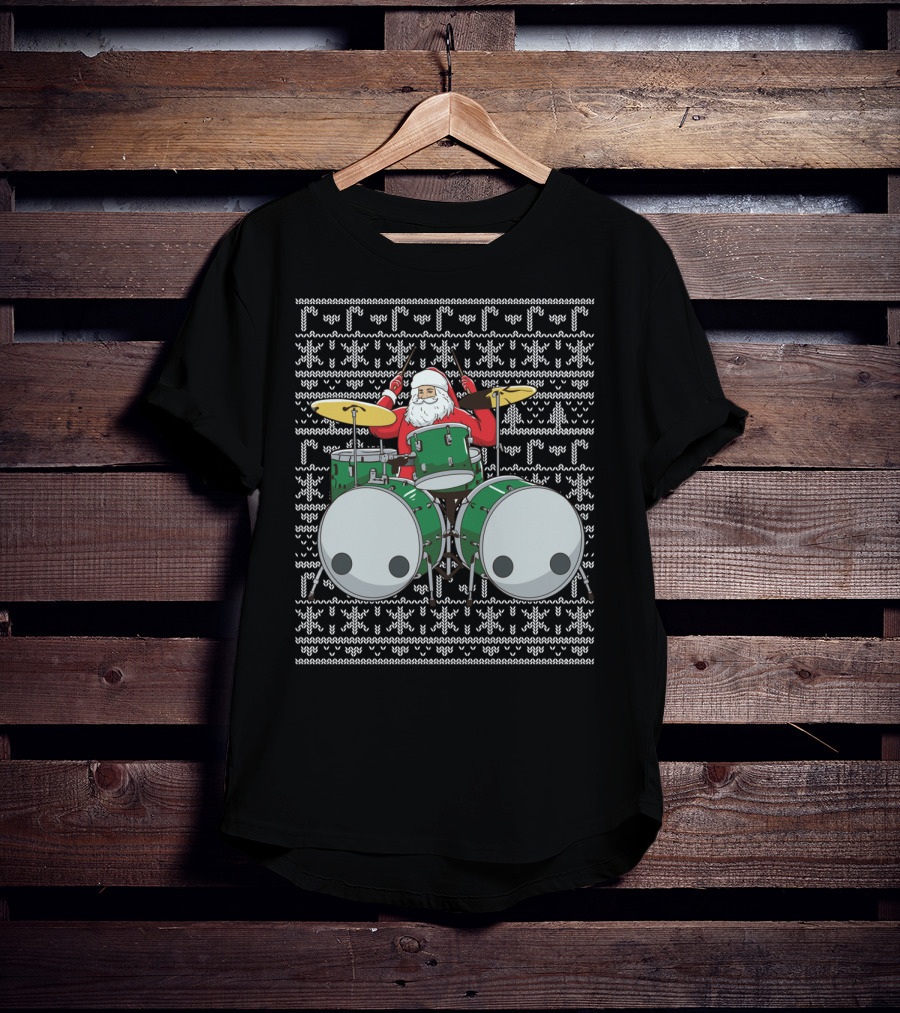 Santa Drummer Christmas Ugly Sweater Style Drums T-Shirt