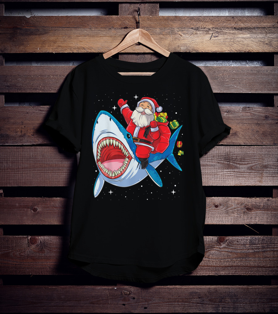 Santa And Presents On Shark In Starry Christmas Galaxy T-Shirt