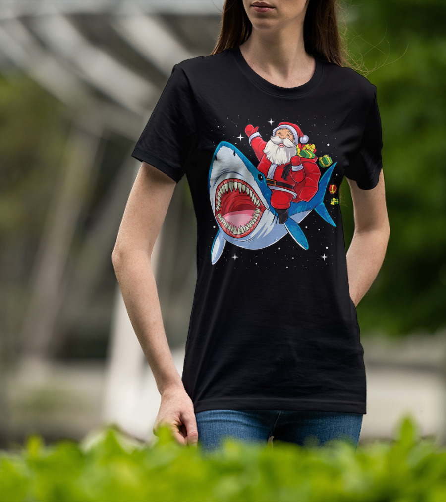 Santa And Presents On Shark In Starry Christmas Galaxy T-Shirt