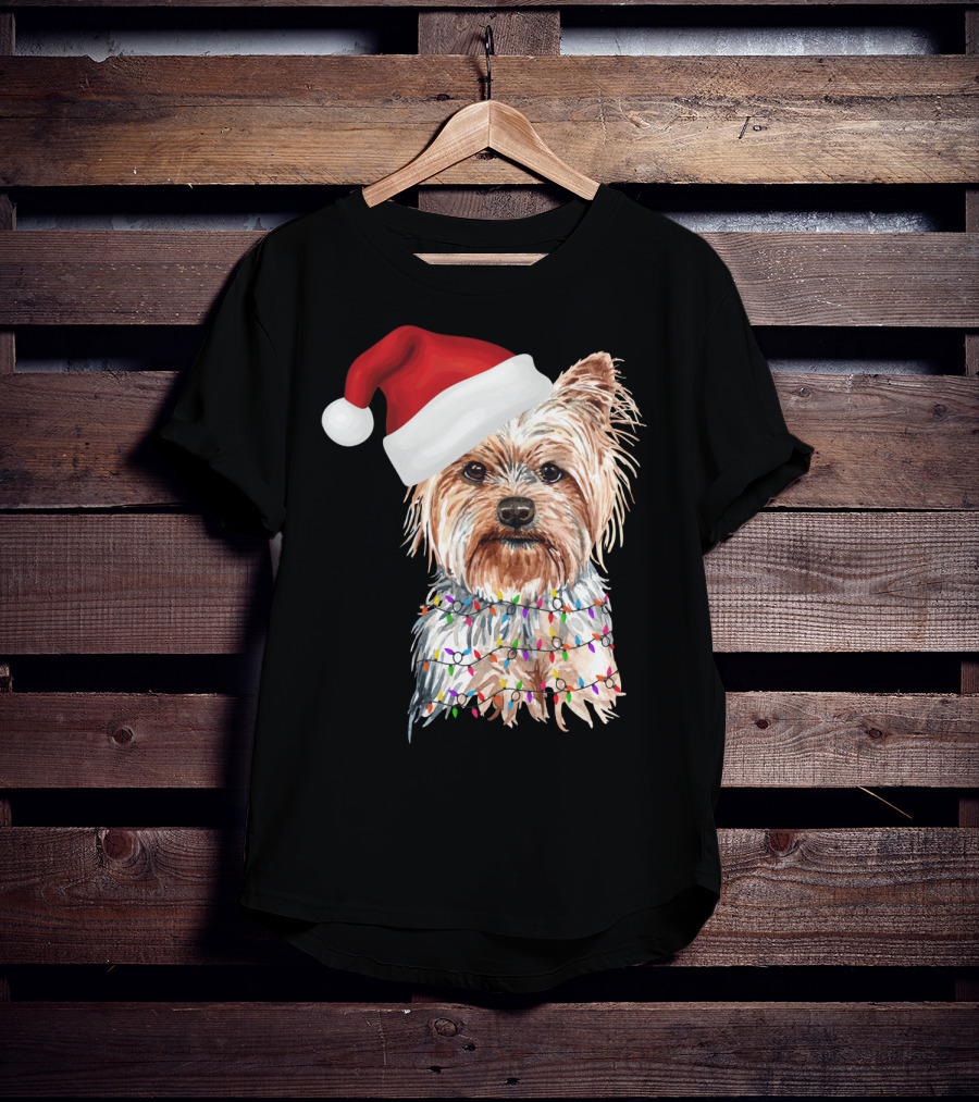 Santa Yorkie Terrier Dog With Christmas Lights Reindeer T-Shirt