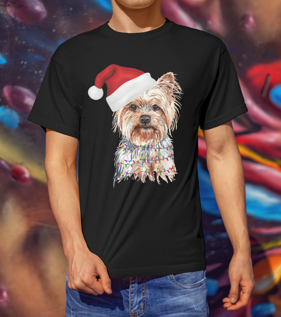 Santa Yorkie Terrier Dog With Christmas Lights Reindeer T-Shirt