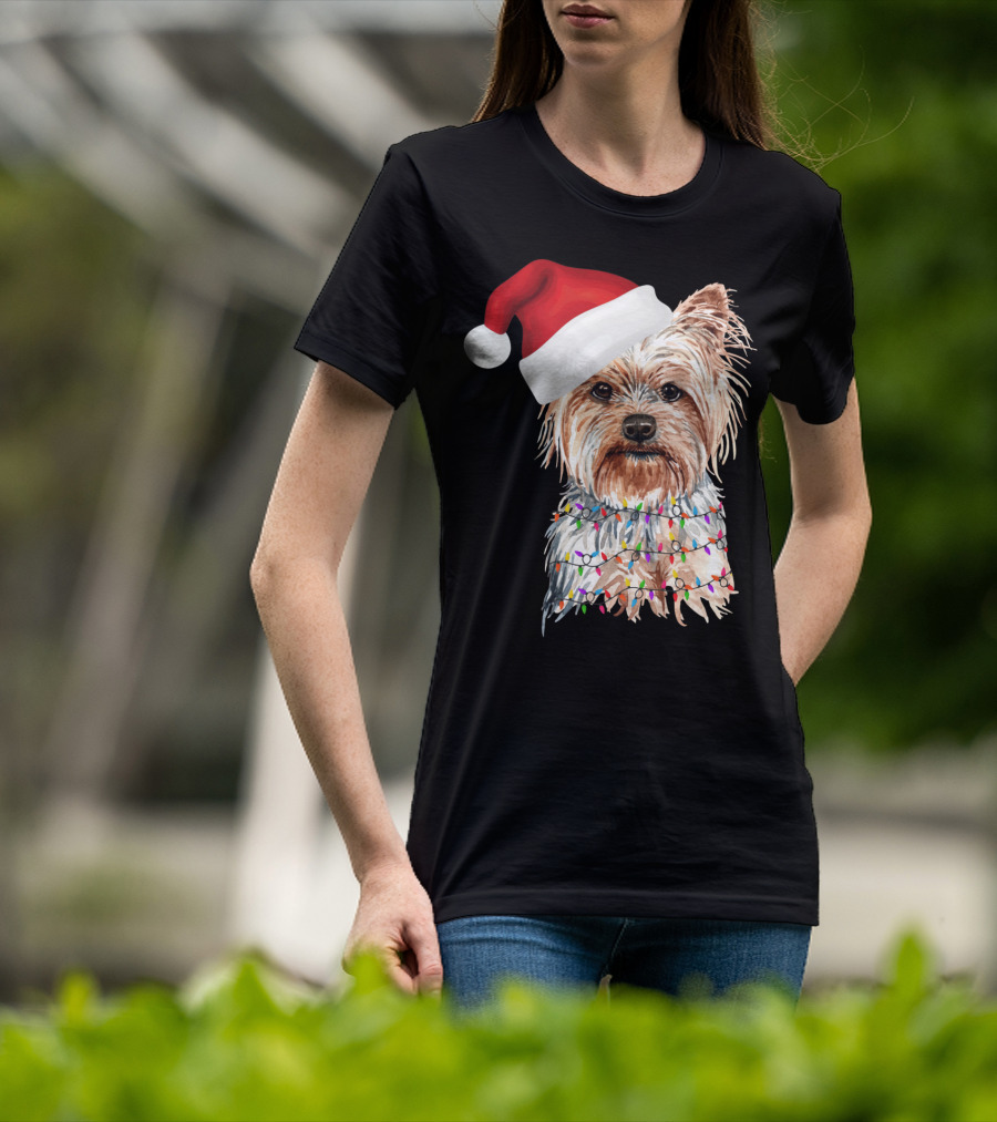 Santa Yorkie Terrier Dog With Christmas Lights Reindeer T-Shirt
