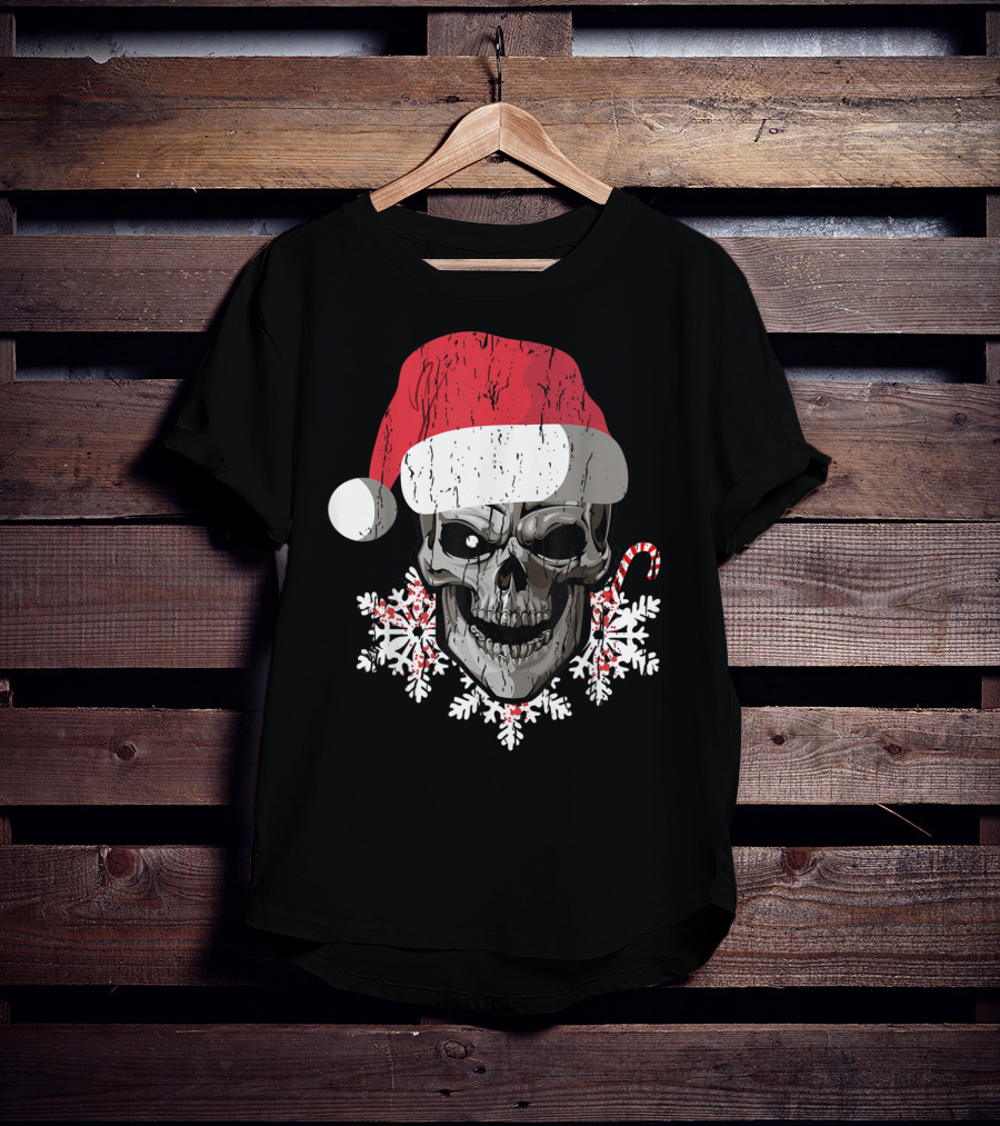 Skull Santa Hat Snowflakes Candy Cane T-Shirt