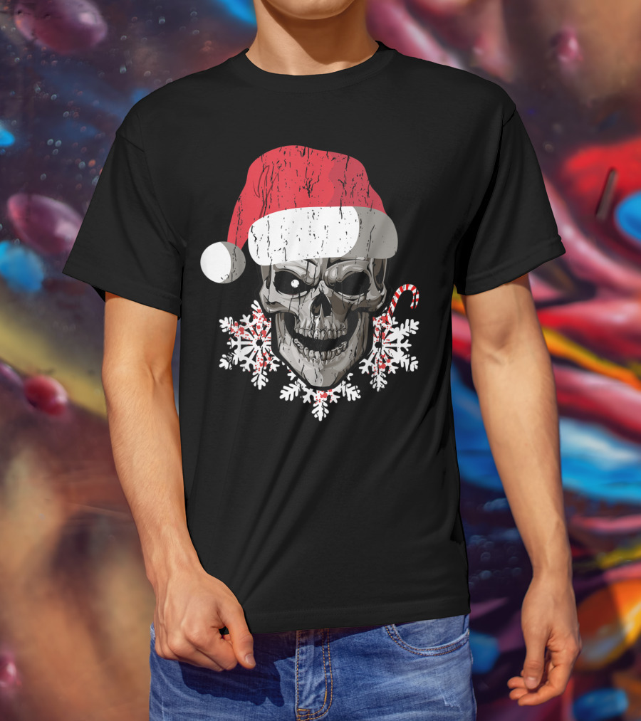 Skull Santa Hat Snowflakes Candy Cane T-Shirt