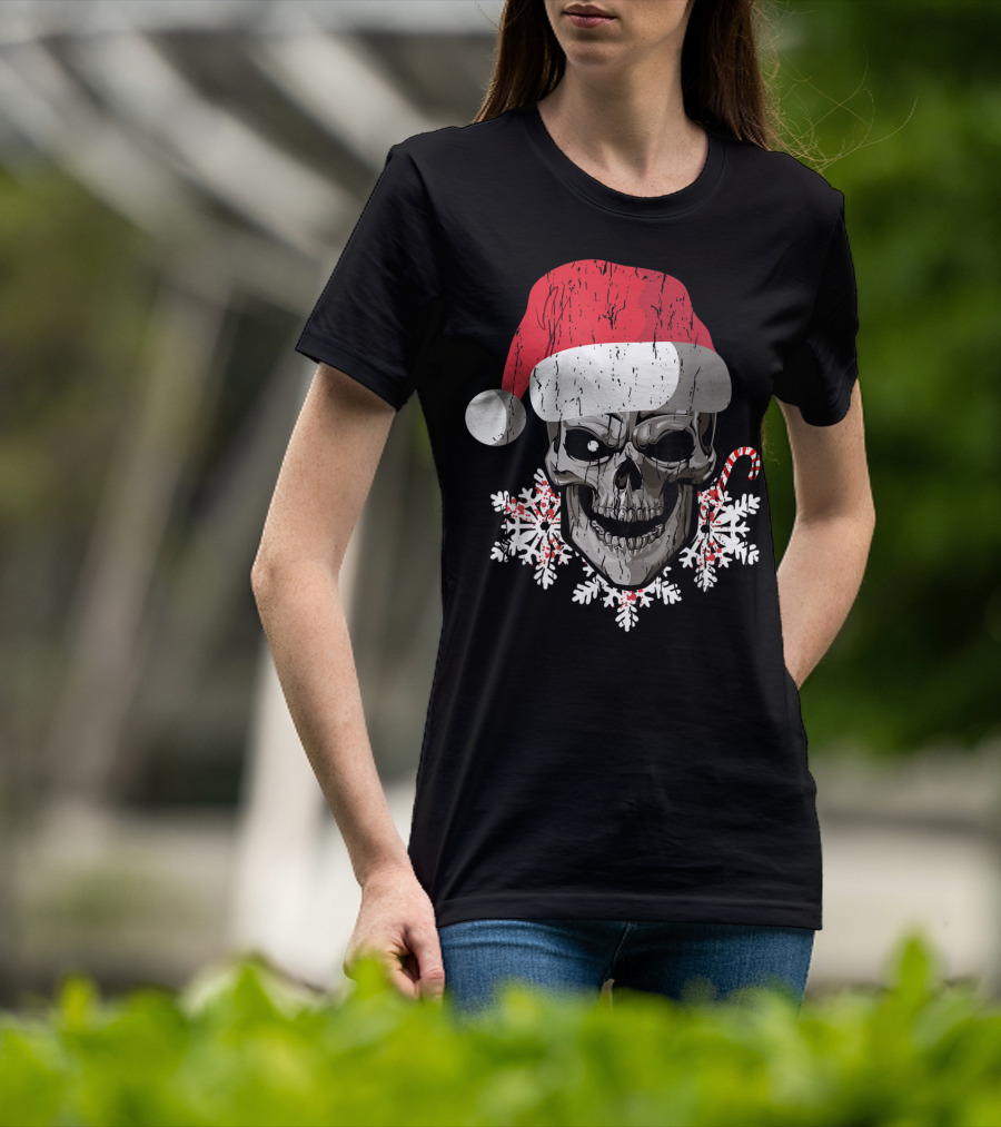 Skull Santa Hat Snowflakes Candy Cane T-Shirt