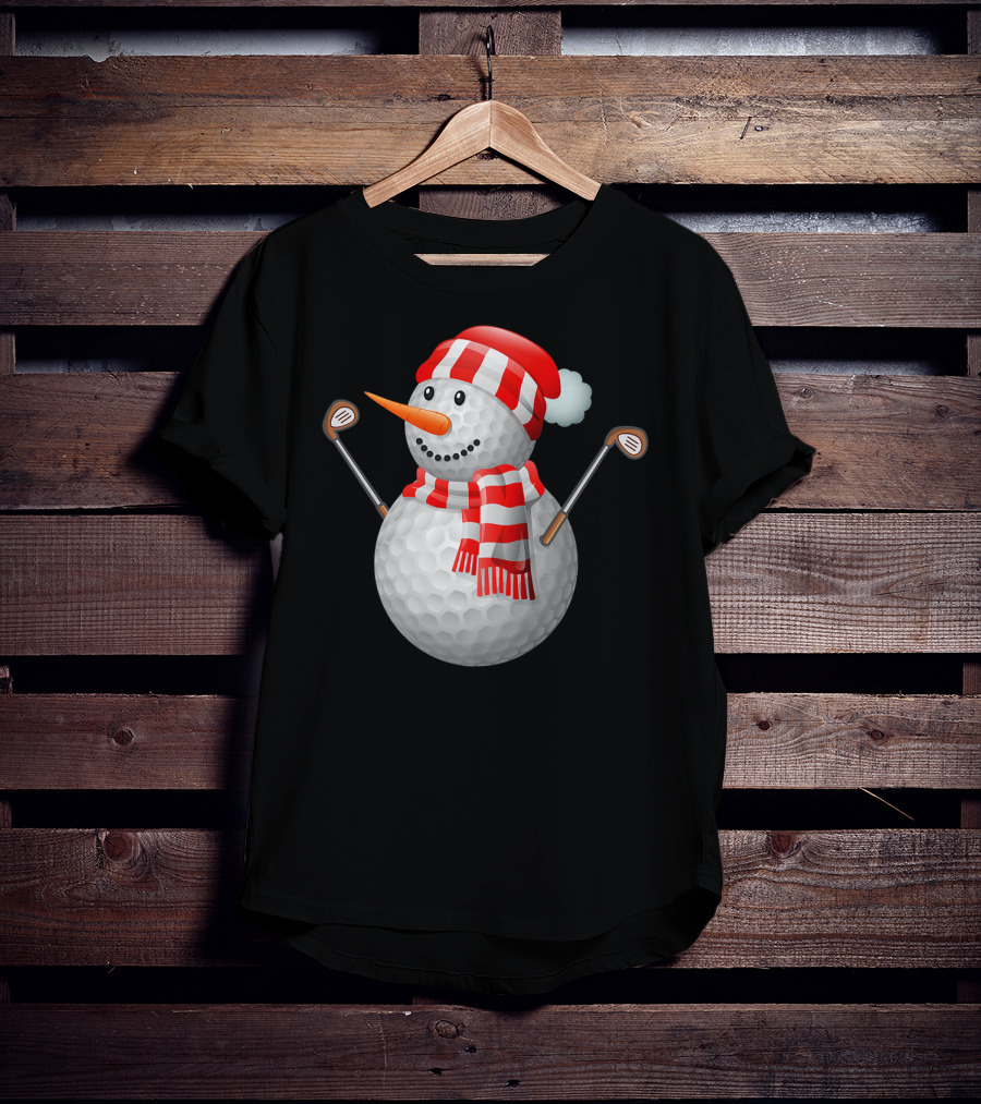 Snowman Golf Ball Christmas Hat Red Scarf Golf Clubs T-Shirt