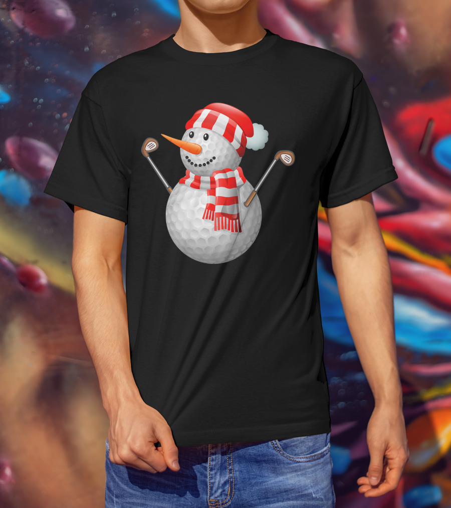 Snowman Golf Ball Christmas Hat Red Scarf Golf Clubs T-Shirt