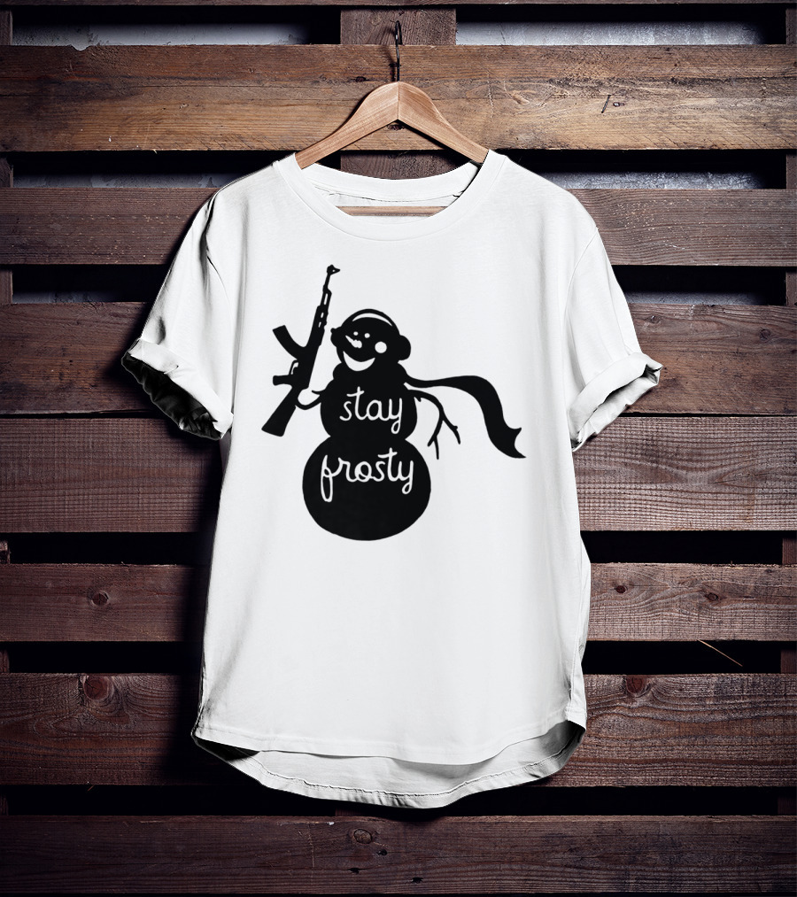 Stay Frosty Snowman With Headphones And Rifle T-Shirt