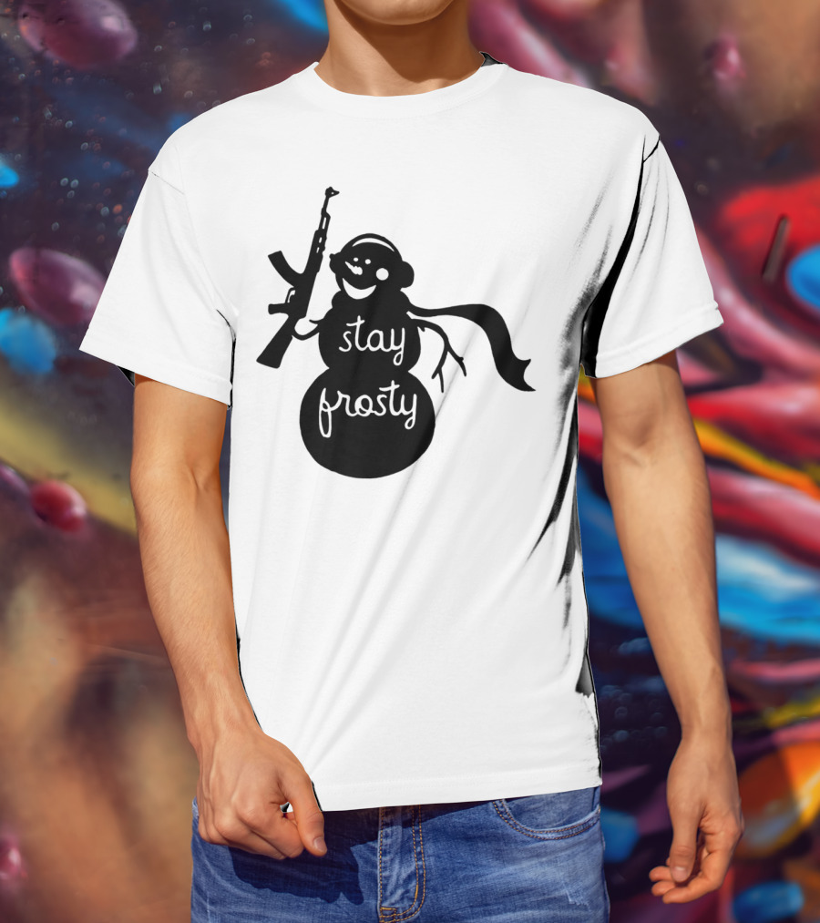 Stay Frosty Snowman With Headphones And Rifle T-Shirt