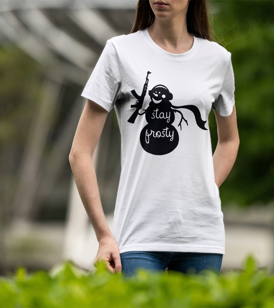 Stay Frosty Snowman With Headphones And Rifle T-Shirt
