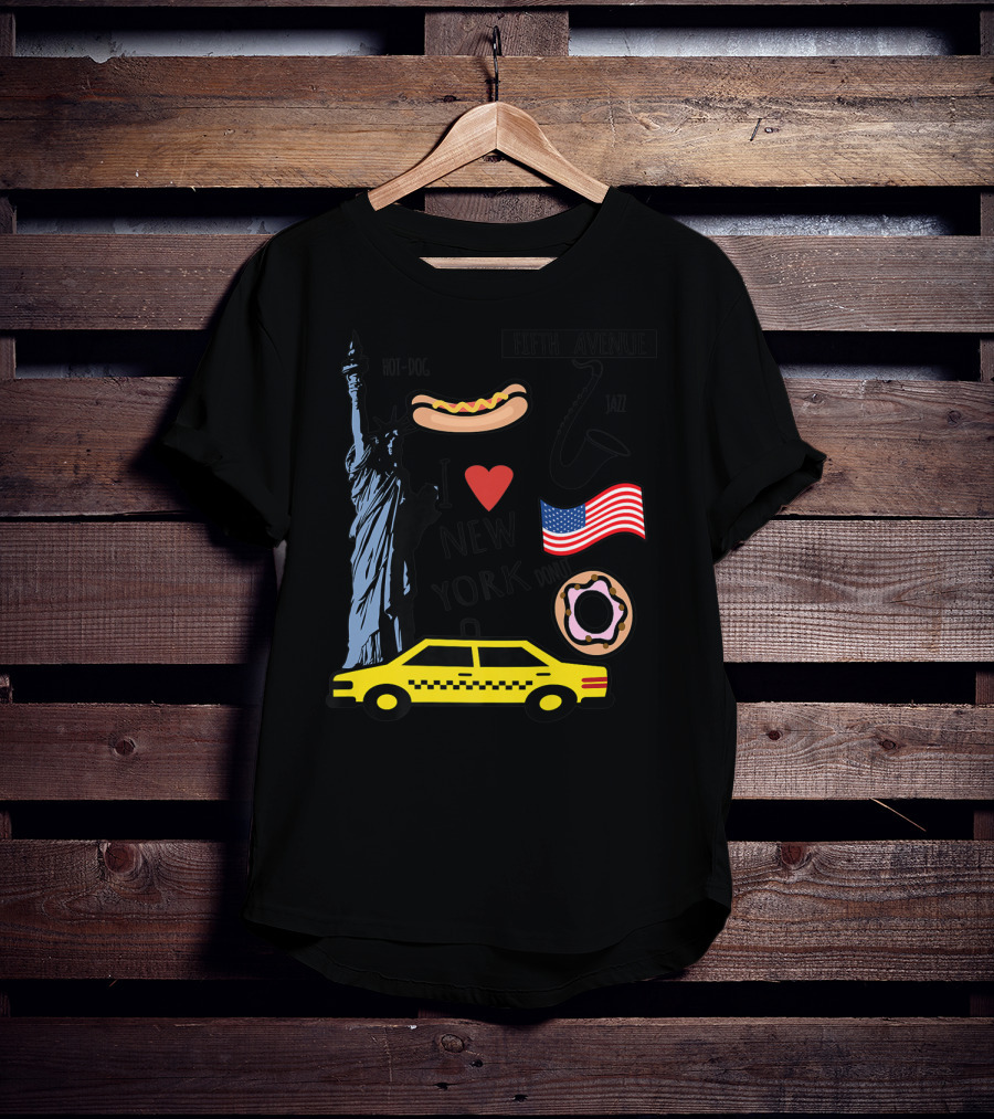 I Heart New York Top Spots Statue Of Liberty Taxi Fifth Avenue Hot Dog Jazz Donut American Flag T-Shirt