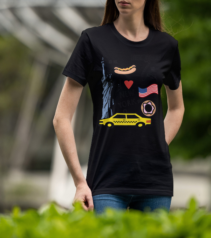 I Heart New York Top Spots Statue Of Liberty Taxi Fifth Avenue Hot Dog Jazz Donut American Flag T-Shirt