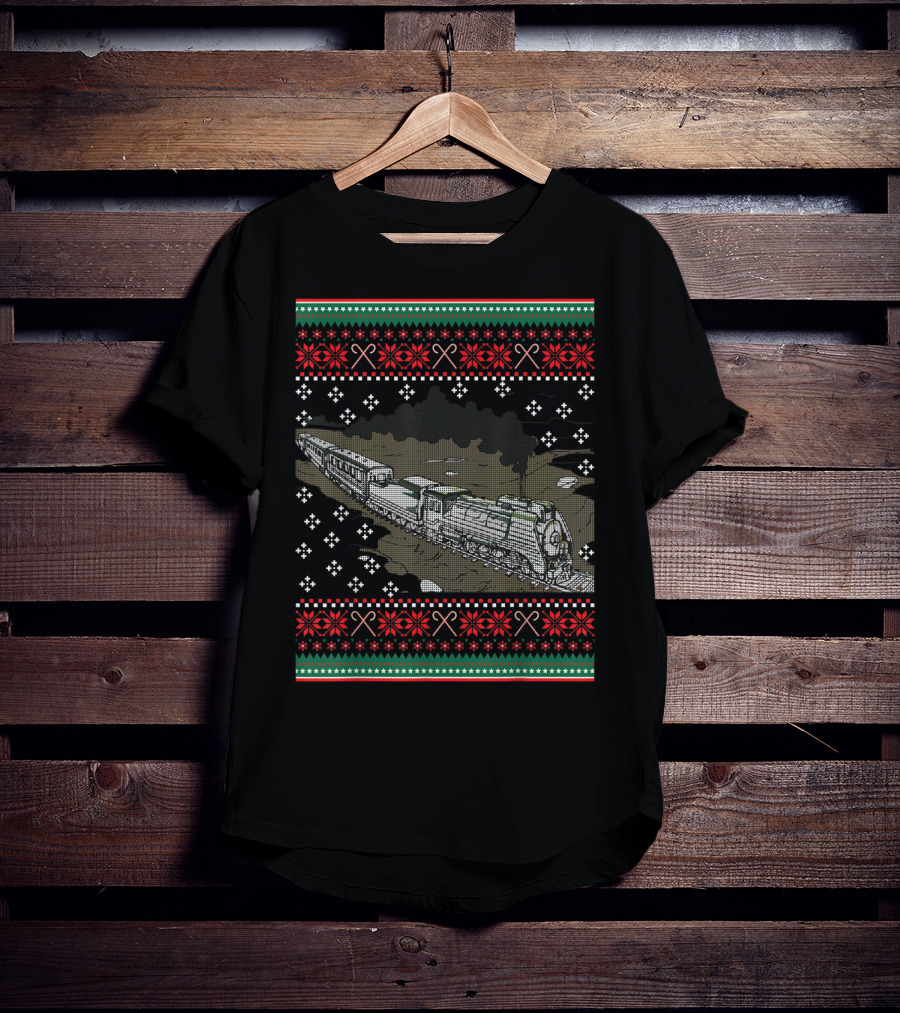 Steam Engine Train Ugly Christmas Pattern Railroad T-Shirt