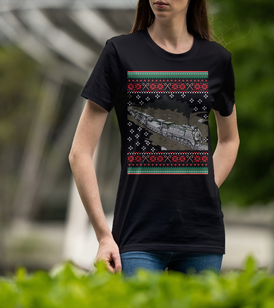 Steam Engine Train Ugly Christmas Pattern Railroad T-Shirt