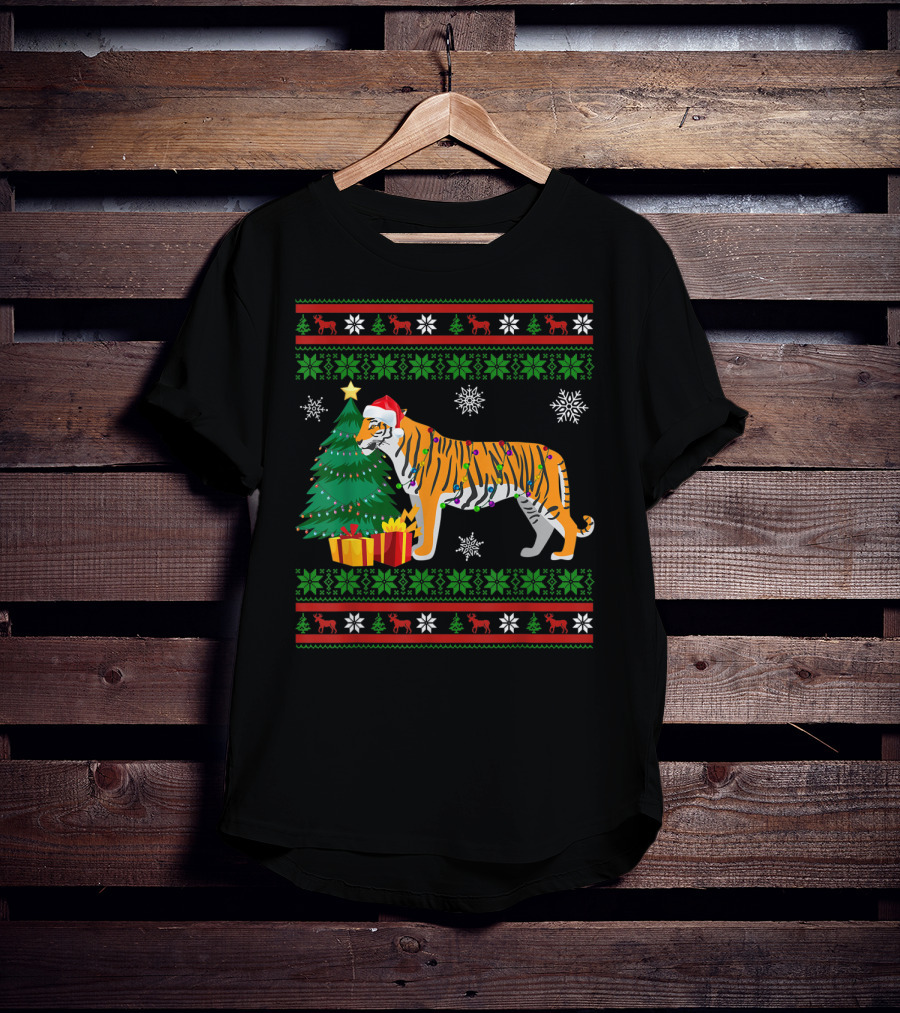 Tiger With Santa Hat And Christmas Tree Holiday Pattern Snowflakes And Reindeer T-Shirt