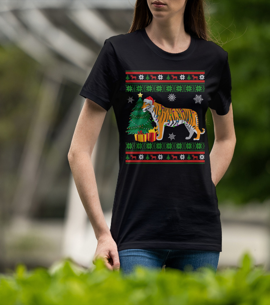 Tiger With Santa Hat And Christmas Tree Holiday Pattern Snowflakes And Reindeer T-Shirt