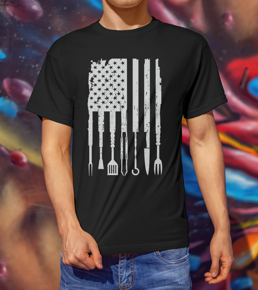 Vintage BBQ Smoker Grilling Barbecue Pitmaster American Flag Tools T-Shirt