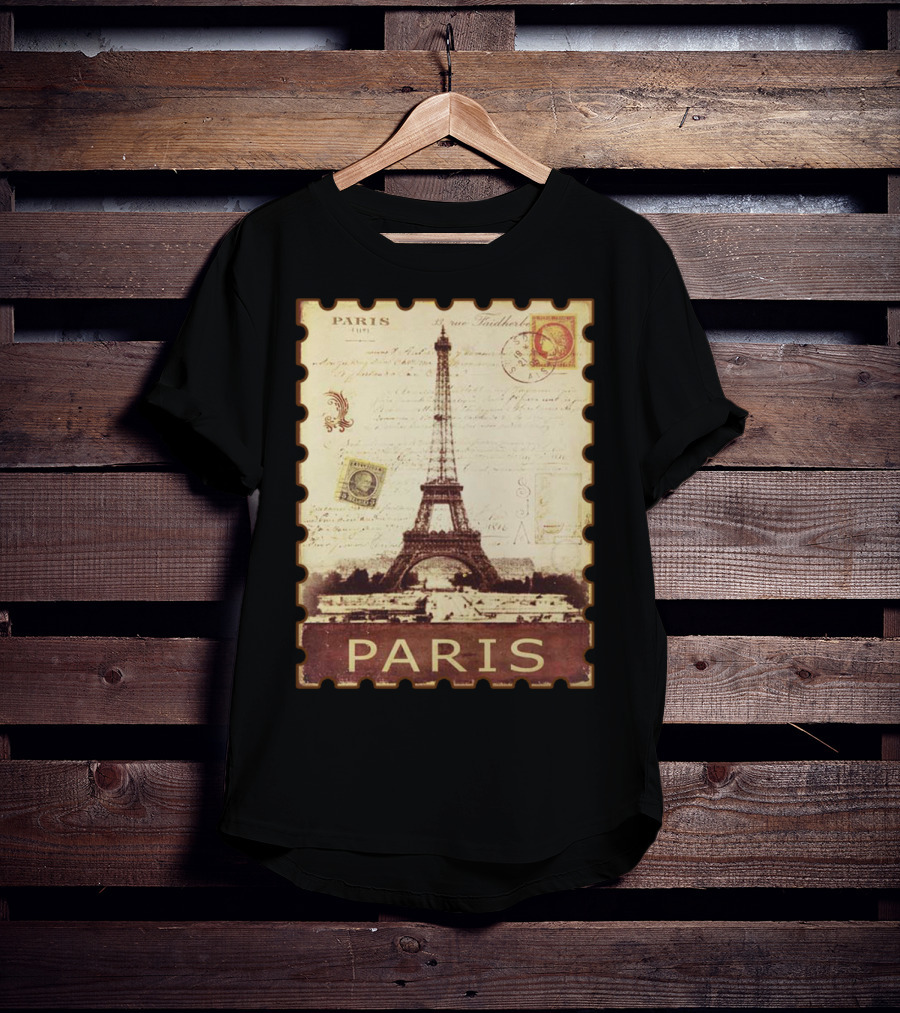 Vintage Eiffel Tower Paris Stamp With Distressed Paris Text T-Shirt