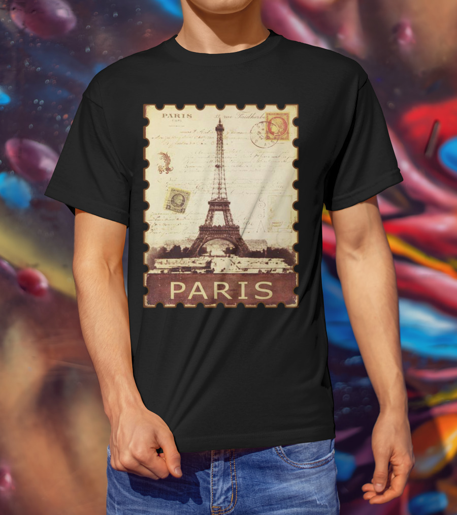 Vintage Eiffel Tower Paris Stamp With Distressed Paris Text T-Shirt