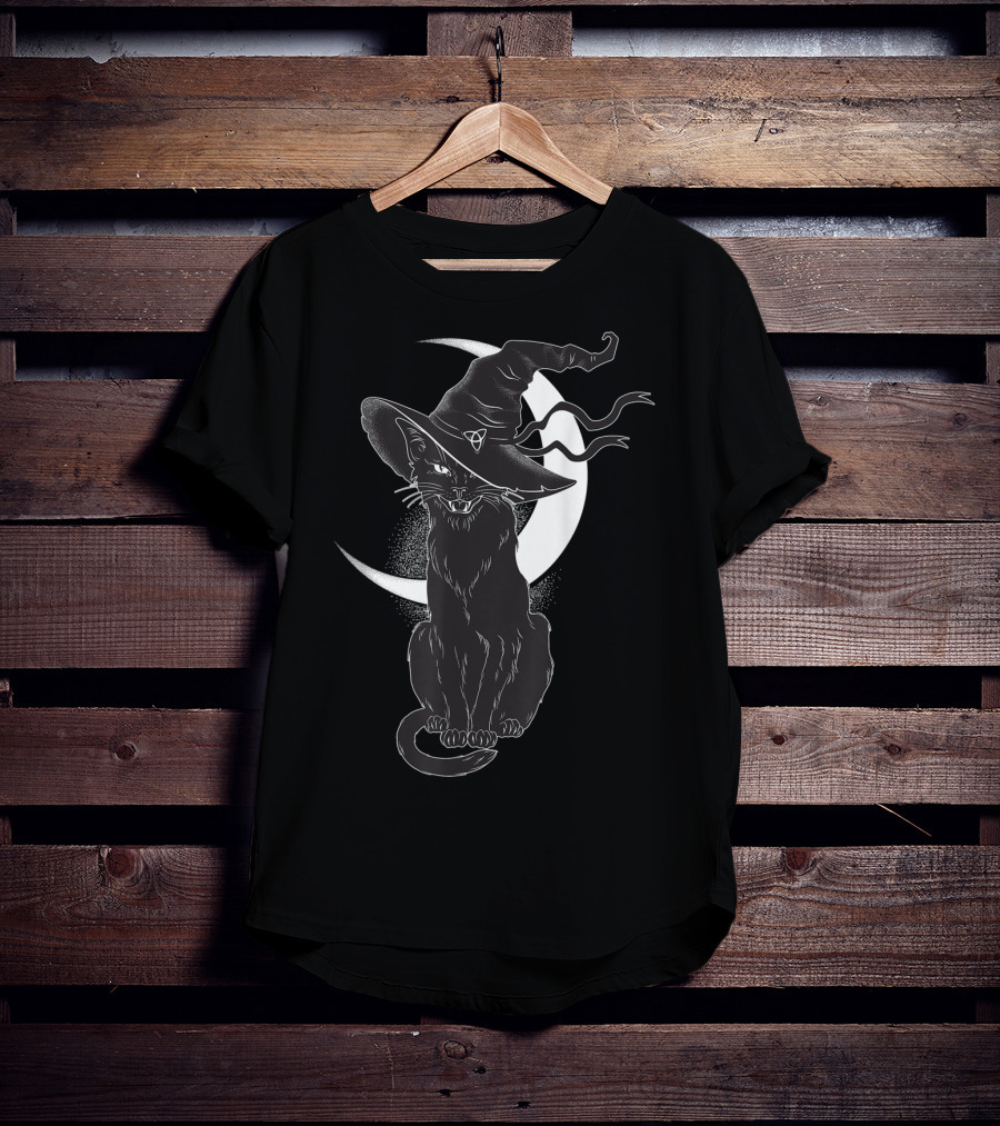 Vintage Scary Halloween Black Cat Sitting In Front Of Crescent Moon Wearing Witch Hat T-Shirt