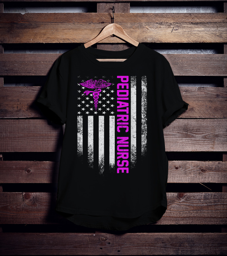 Pediatric Nurse American Flag Vintage USA Caduceus T-Shirt
