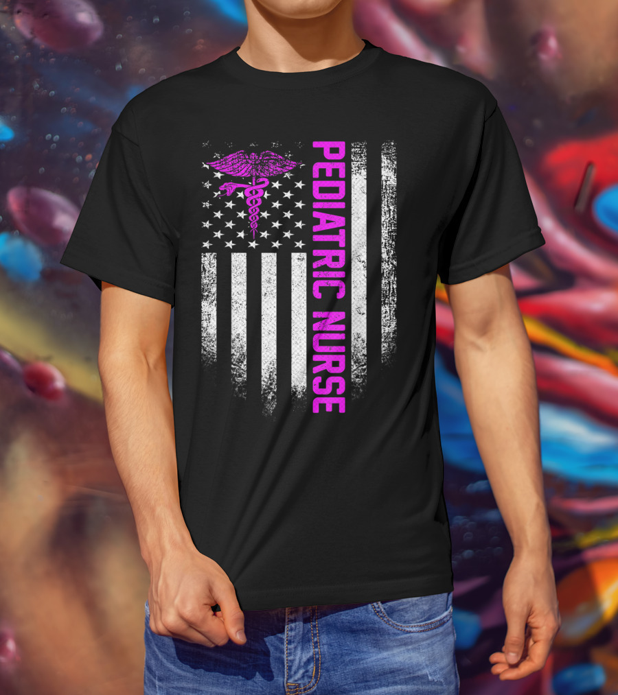 Pediatric Nurse American Flag Vintage USA Caduceus T-Shirt