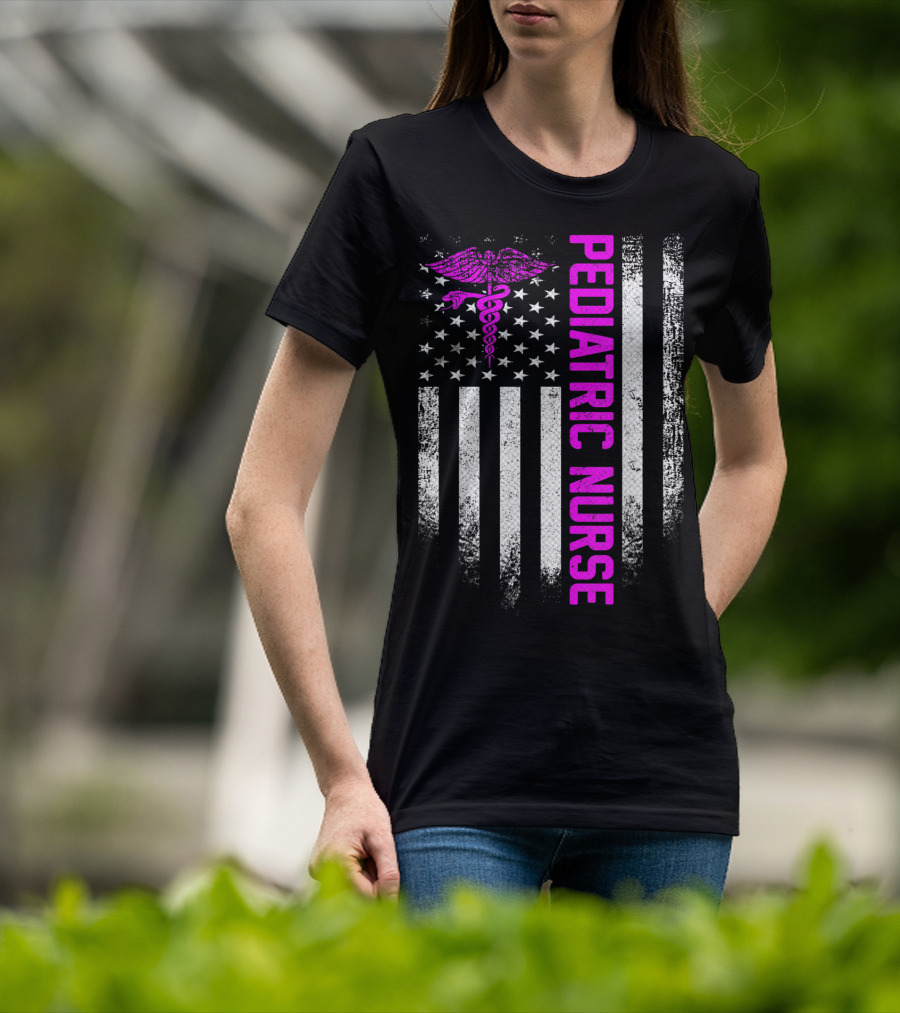 Pediatric Nurse American Flag Vintage USA Caduceus T-Shirt