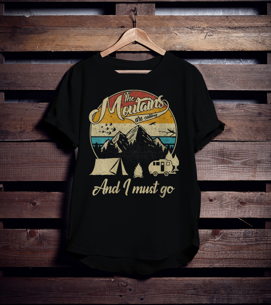 The Mountains Are Calling And I Must Go Vintage 80s Camping Scene T-Shirt